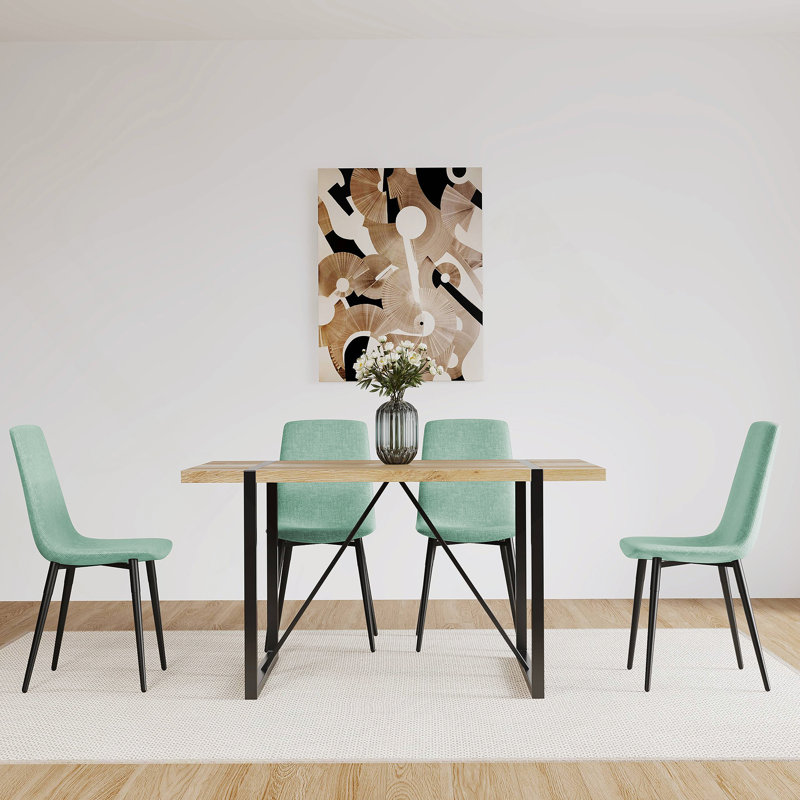 Ensemble de table de salle à manger 5 pièces avec base en métal, une table et chaises en lin, Bois naturel