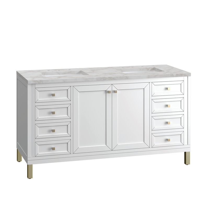 Chicago 60'' W Double Vanity, 8" Widespread, Victorian Silver, Glossy White