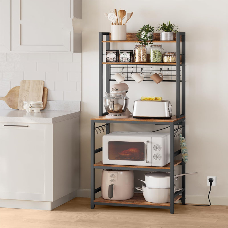 Kitchen Storage Rack With Power Outlet, Coffee Bar, Baker's Rack, With Metal Wire Panel,For Microwave, Steel Frame