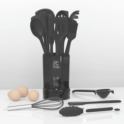 15 Pcs Silicone Cooking Utensil Set, Kitchen Utensils Set,  Gray