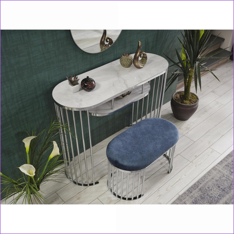 Ottoman Navy Blue Modern Plush Cushion Chrome Legs for Entryway Bedroom Living Room | Metal | Chrome Silver, Navy Blue