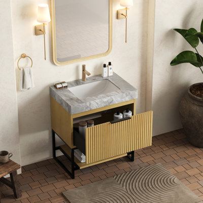 30" Freestanding Bathroom Vanity With Sink, Gray Sintered Stone Top, Undermount Ceramic Basin, Oak Cabinet, Drawer & Open Shelf, Pre - Assembled, Style Luxury And Countertop, Plywood Natural Finish,