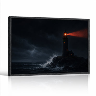 Art sur toile, "Phare avec poutre rouge au-dessus de l'océan orageux"