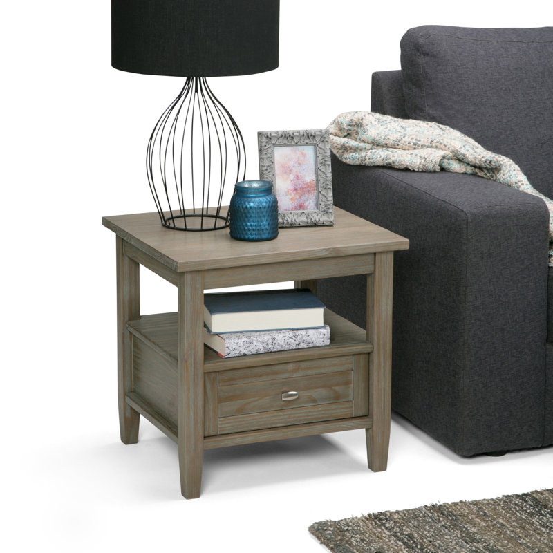 Rustic Distressed Gray Solid Wood End Table with Storage