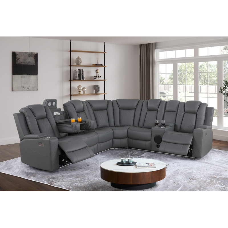 Tehillah Power Reclining Corner Curved Sectional with Wireless Charging, Gray Faux Leather