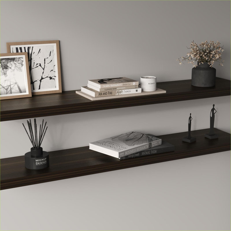 Ensemble de 2 tablettes murales flottantes en chêne foncé moderne et élégant de 47 pouces de large pour le rangement et la présentation