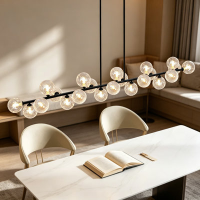 Lustre linéaire moderne de 70 pouces, luminaire suspendu sphérique en verre transparent 22 lumières, luminaire Spoutnik pour îlot de cuisine, salle à manger, salon, verre rayé transparent de style campagnard et noir
