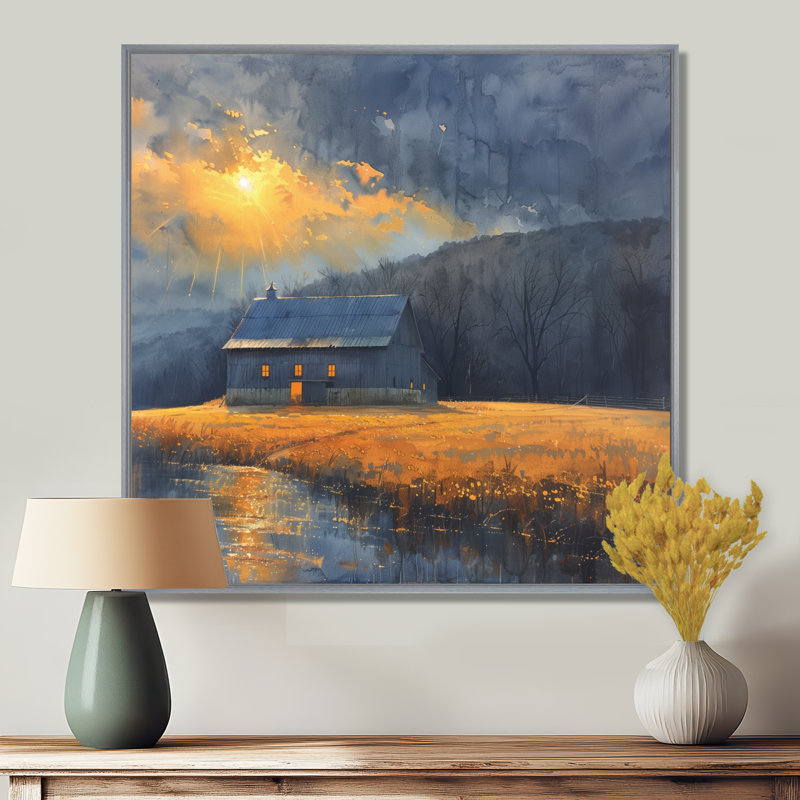 «Yellow Autumn Barn Golden Hour I» - décoration murale grange, Toile argentée avec cadre flottant, H 16 po x l 16 po x P 1 po