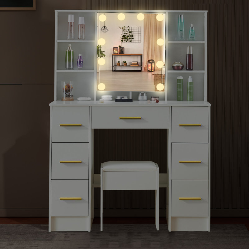 Coiffeuse de maquillage avec grand miroir et 10 lumières DEL