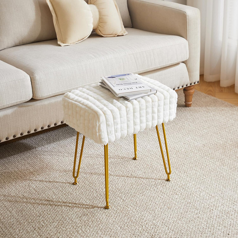 Repose-pieds rectangulaire avec repose-pieds, tabouret de coiffeuse, coiffeuse en velours, pieds en acier doré, pour la salle de maquillage, chambre à coucher, quadrillage carré, blanc