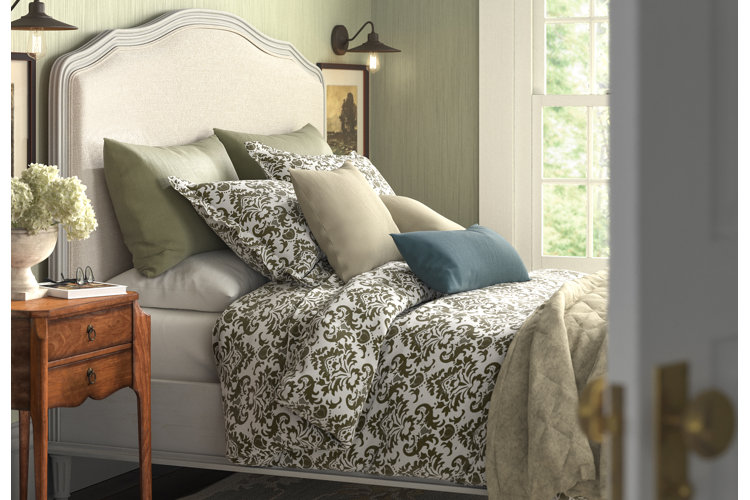 green-and-white damask bedding