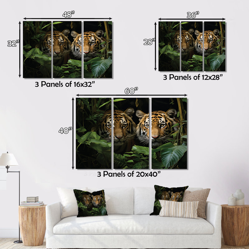 Asian Art Tigers in Jungle II - 3 pièces sur toile tendue, H 40 po x l 60 po x P 1 po
