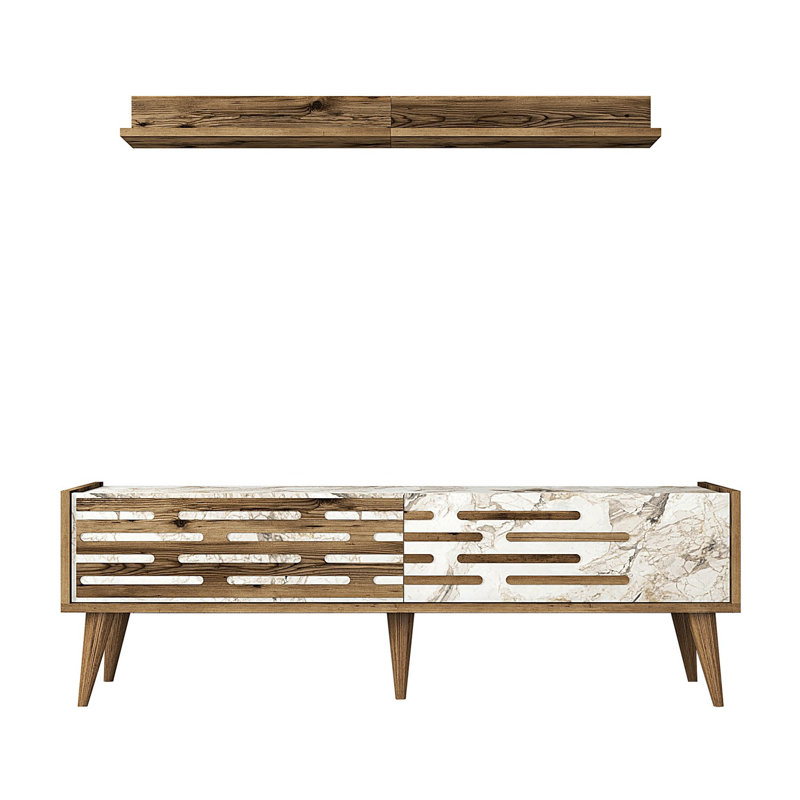 Meuble télé moderne avec tablette murale, finition noyer et marbre blanc, 55,1 po x 13,8 po x 17,7 po | 100% panneau de particules enduit de mélamine, 0,7 po d'épaisseur | Nombreuses tablettes, rangement supplémentaire, poignées et pieds élégants en plastique