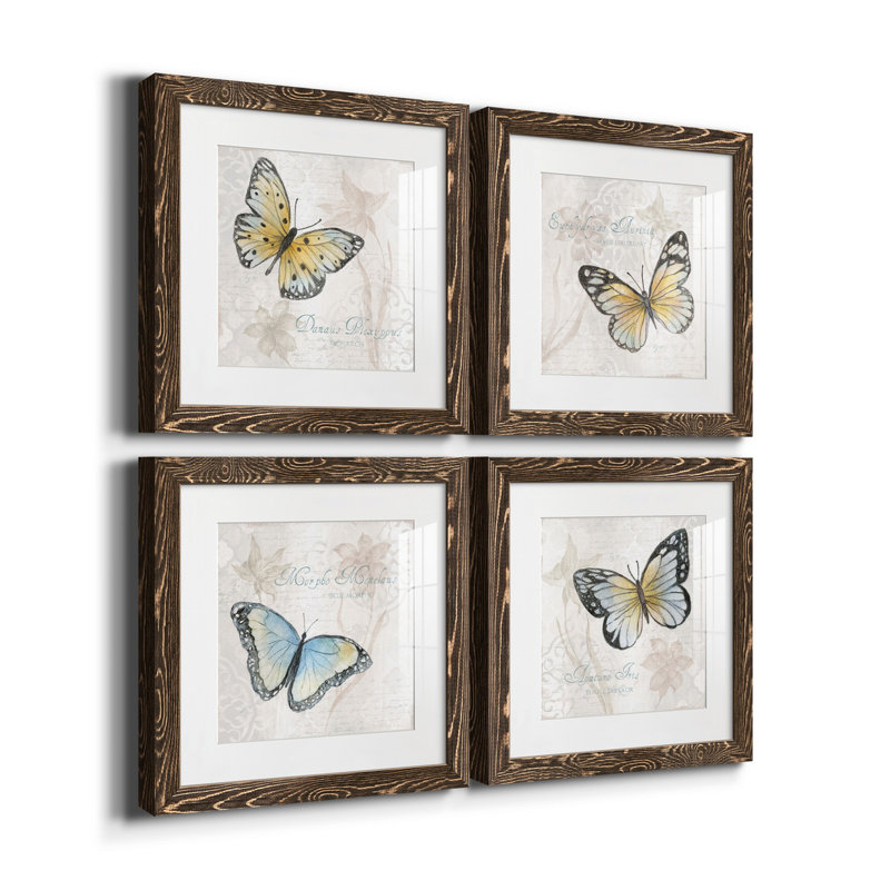 Carte postale papillon I - ensemble de 4 reproductions d'art sur toile, H 31,5 po x l 126 po x P 1,5 po, Noyer, Blanc