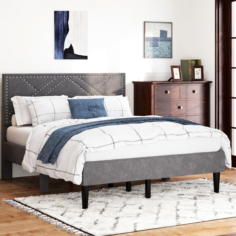 Cadre de lit pour grand lit électrifiant dévoilant une tête de lit en lin et une structure silencieuse, sous le rangement, sans sommier, 485 lb, cadre gris anthracite gris anthracite, tête de lit silencieuse, option offerte,