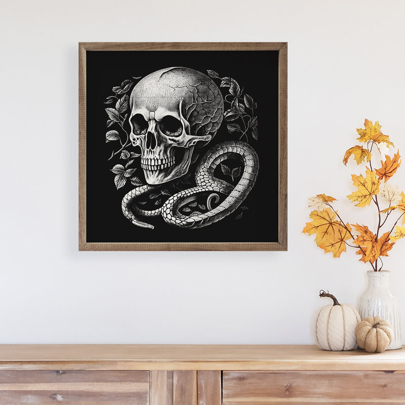 Crâne et serpent noir, L 16 po x H 16 po