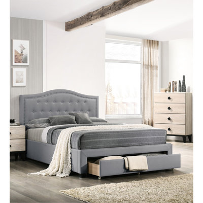 Lit simple contemporain avec tête de lit et tiroir en toile de jute gris pratique