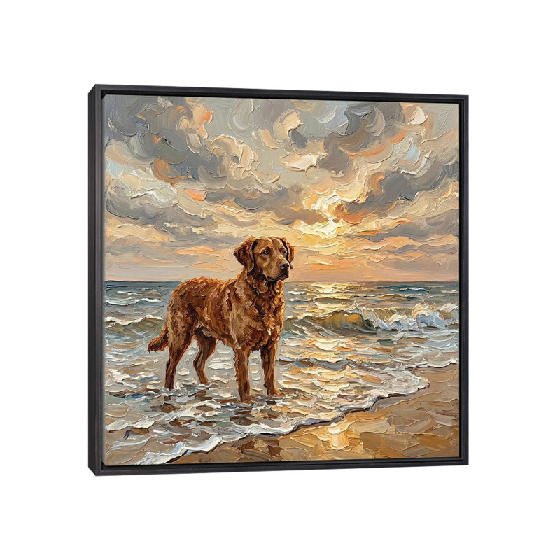 «Beach Day - Chesapeake Bay Retriever», reproduction d'art sur toile encadrée, 26" x 26", Framed Canvas, Distressed Black