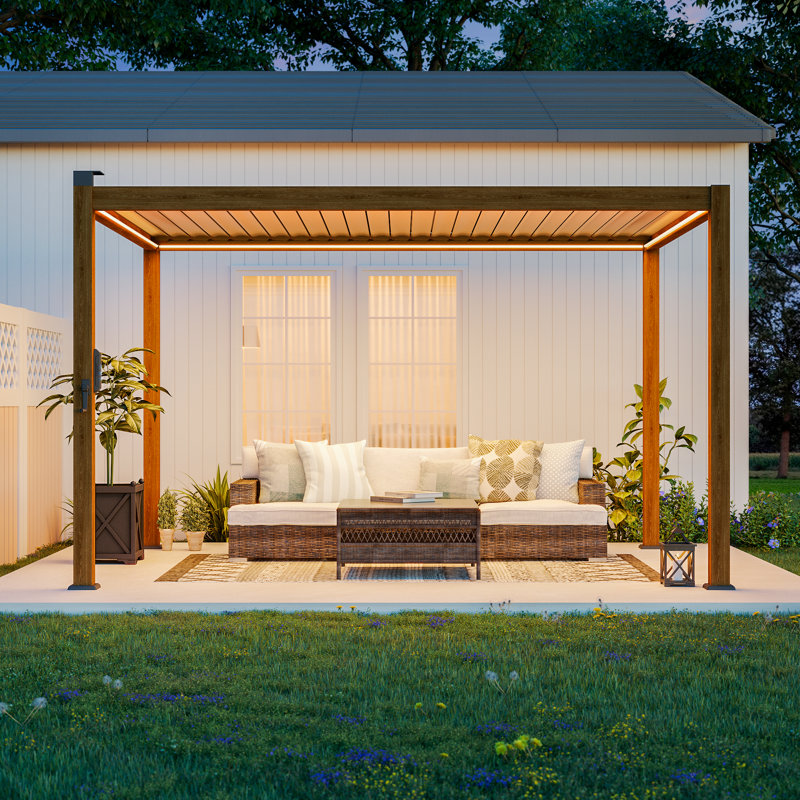Outdoor Aluminum Pergola with Adjustable Louvered Roof and Solar LED Lights, 10 ft x 13 ft, Wood Grain