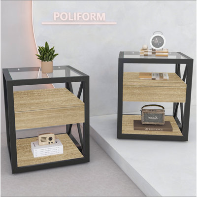 Ensemble de 2 tables de bout modernes avec tiroir - Table de chevet pour chambre à coucher et salon, panneau de fibres à densité moyenne en bois naturel et plateau en verre trempé, table d'appoint de style industriel