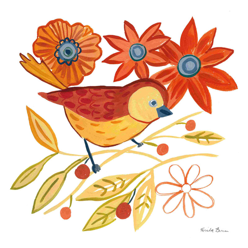 Oiseau orange III - impression sur toile tendue, H 12 po x l 12 po