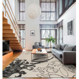 Modern Tibet III Hand Knotted Damask Area Rug in Ivory/Black