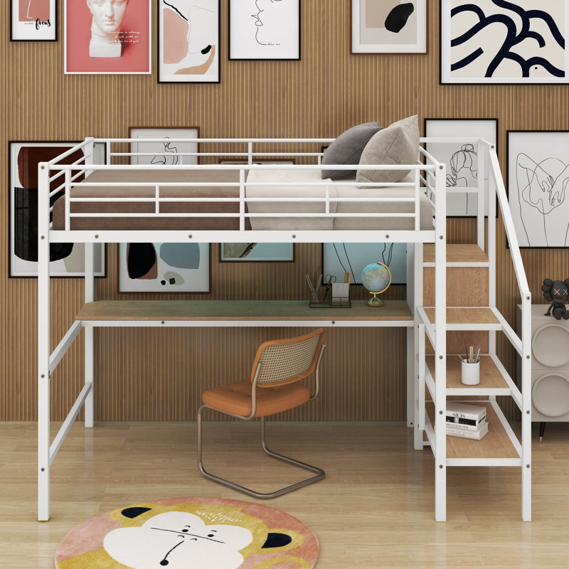 Full Size Metal Loft Bed With Desk And LED Light, White