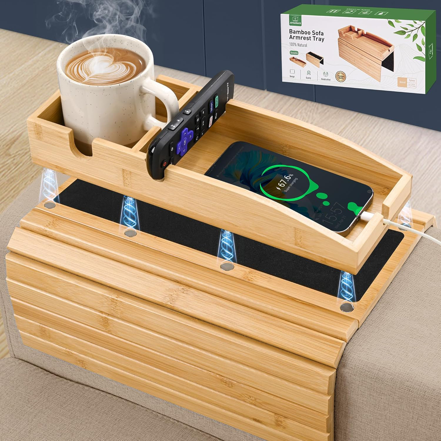 Table D'Accoudoir Pour Canapé En Bambou - 2 Niveaux, Pivot 360° Et Support Téléphone Intégré