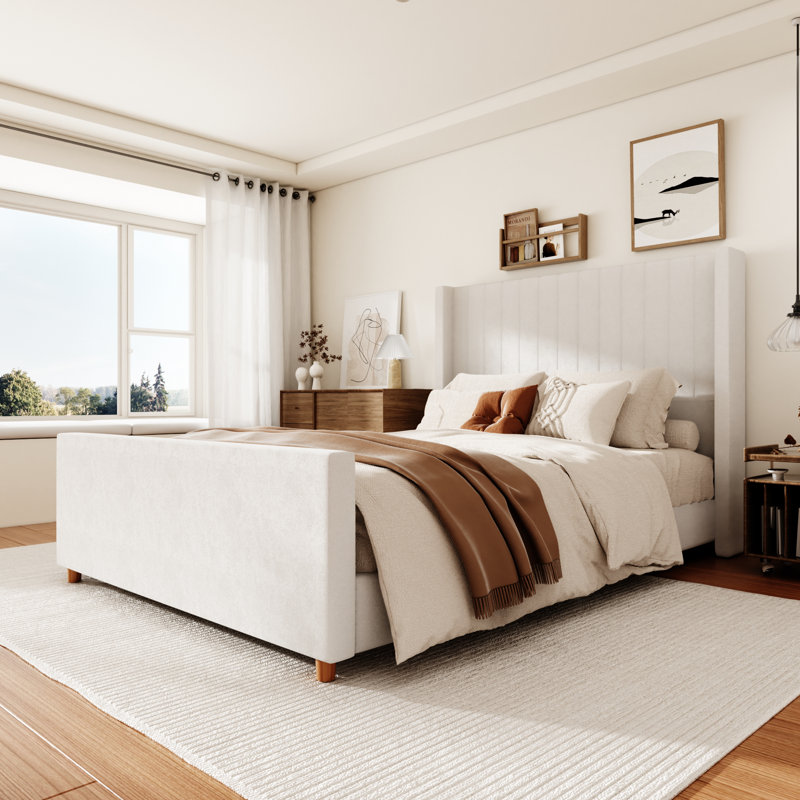 Plainfield Bed Frame with Wingback Headboard and Footboard, Queen, Beige