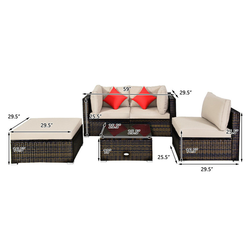 Ensemble de conversation avec canapé et coussins en rotin 4 pièces, Beige