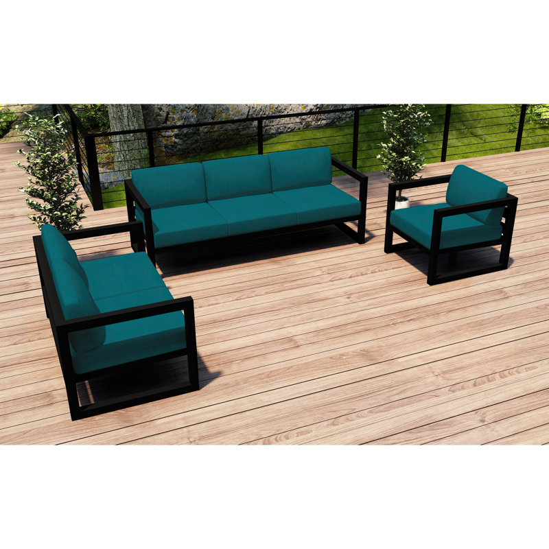 Avion 3 Piece Sofa Loveseat Set, Spectrum Peacock Sunbrella® Plainweave, Black