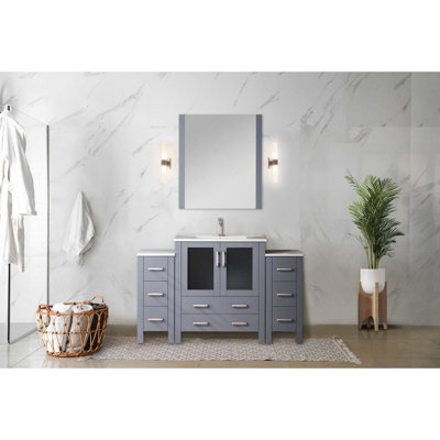 54 po Meuble-lavabo simple gris foncé avec armoires latérales, comptoir en céramique blanche, structure en bois massif, fermeture en douceur, 8 tiroirs et 1 armoire de rangement, plateau de travail, pré-percé