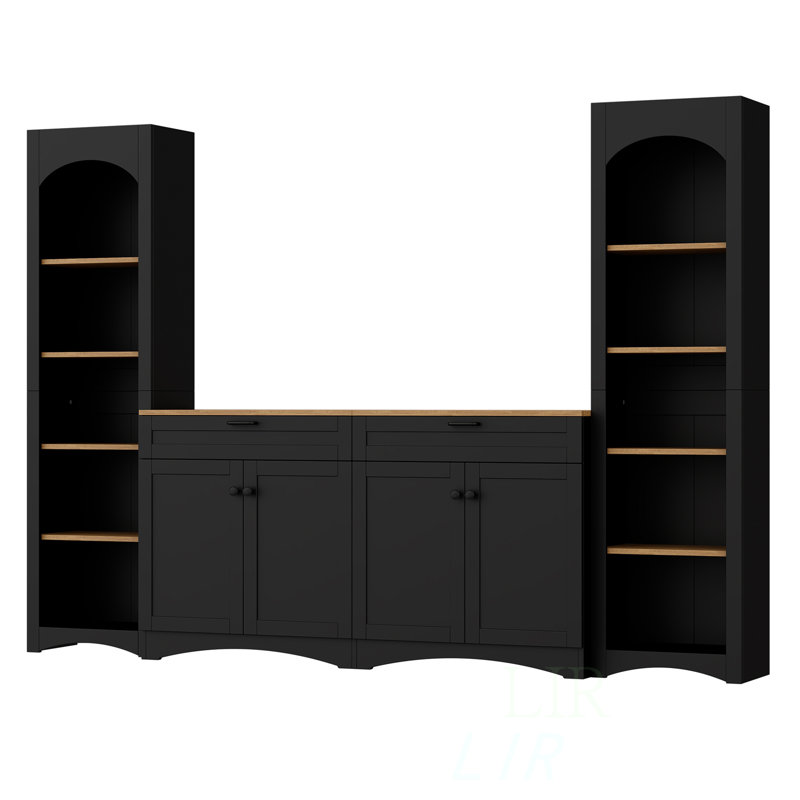 Meuble télé 3 pièces Mid-Century Farmhouse, meuble télé 70 po avec bibliothèque et armoire de rangement réglable, buffet rustique pour le salon, noir