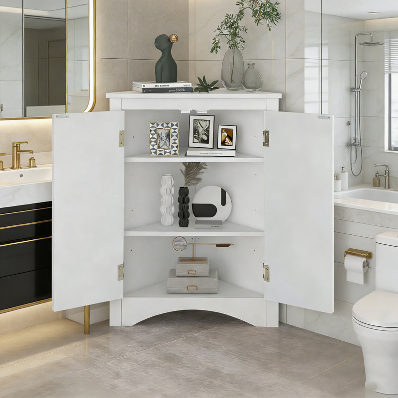 Bathroom corner Storage Cabinet with 2 Doors and Adjustable Shelves, White