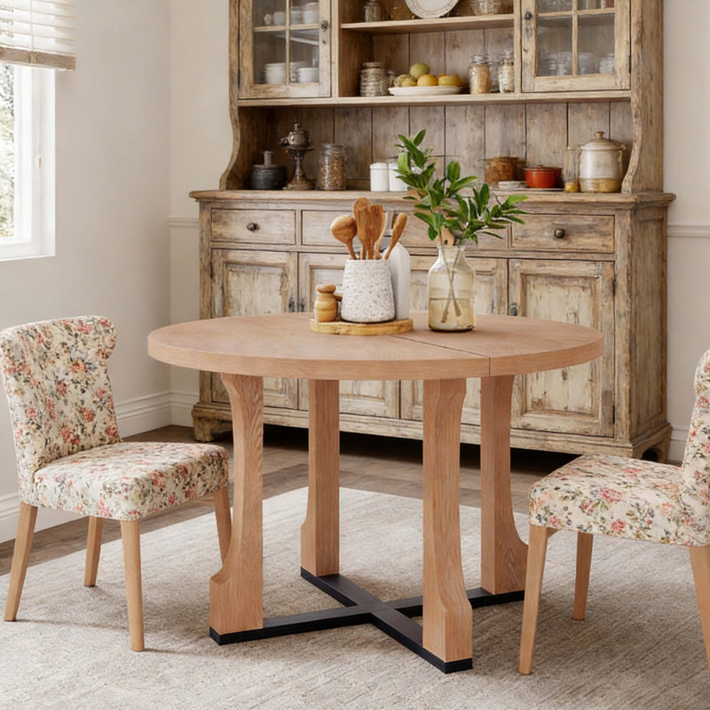 48" Round Dining Table, Natural Solid Wood & TSCA MDF, Scratch-Resistant Waterproof Kitchen Table For 4-6 People, Natural