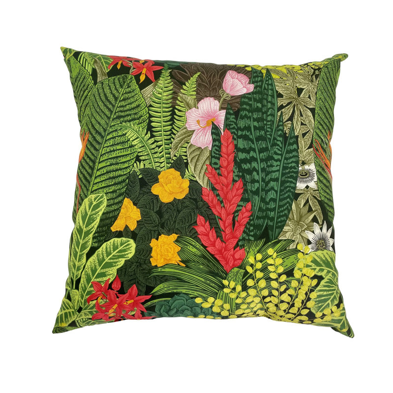 Vibrant Floral Green and Red Square Outdoor Pillow