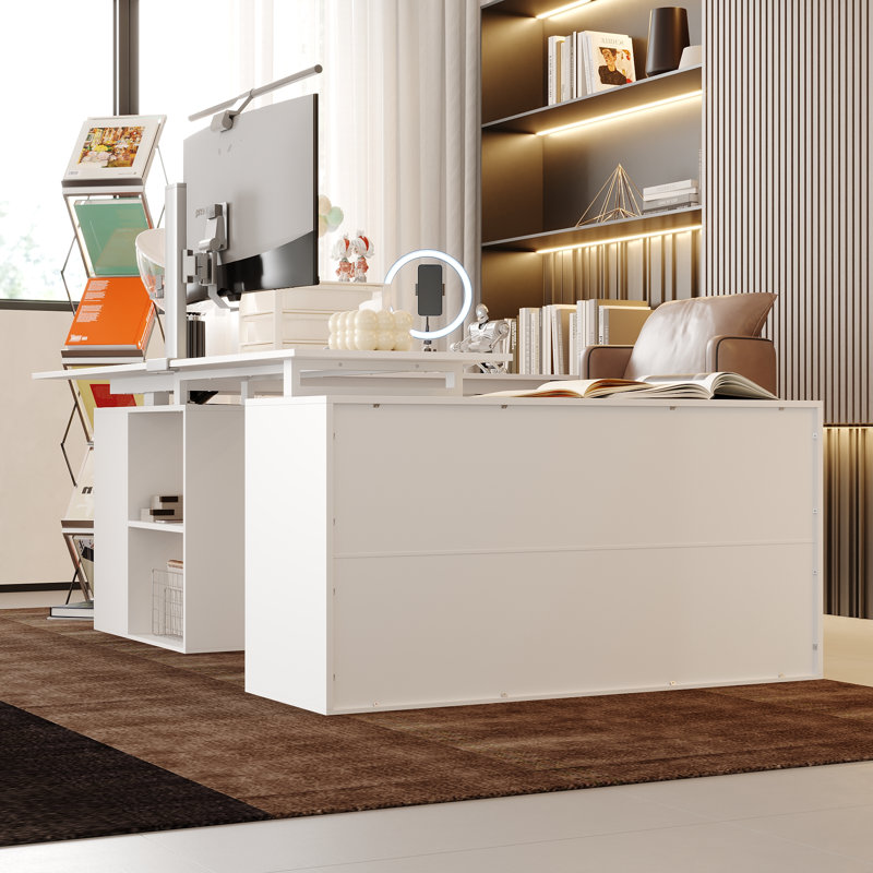 Bureau ergonomique en U à hauteur réglable avec rangement intégré et tablettes