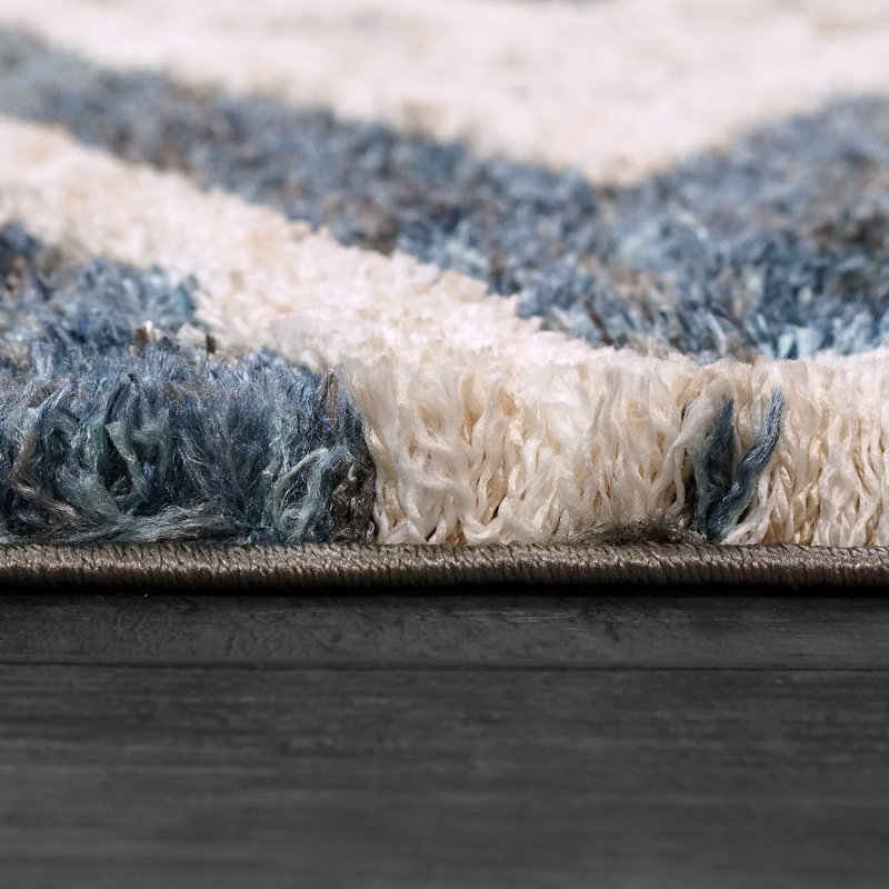 Tapis marocain bleu / ivoire Costillo, Rectangle 7 pi 10 po x 10 pi 10 po