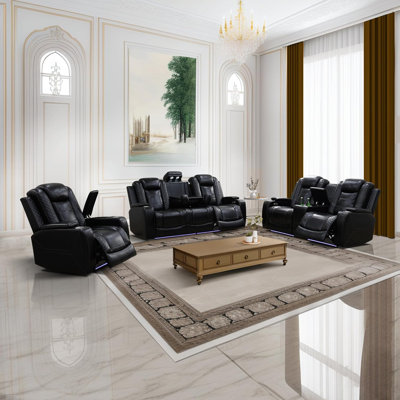 3-piece Black Breathing Leather  Living Room Recliner Sofa Set