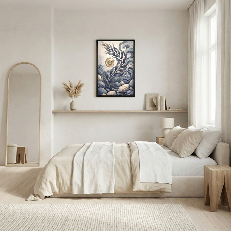 «Golden Nautilus Shell» au milieu des vagues et des pierres bleues, art mural sur toile, 30"H x 20"W