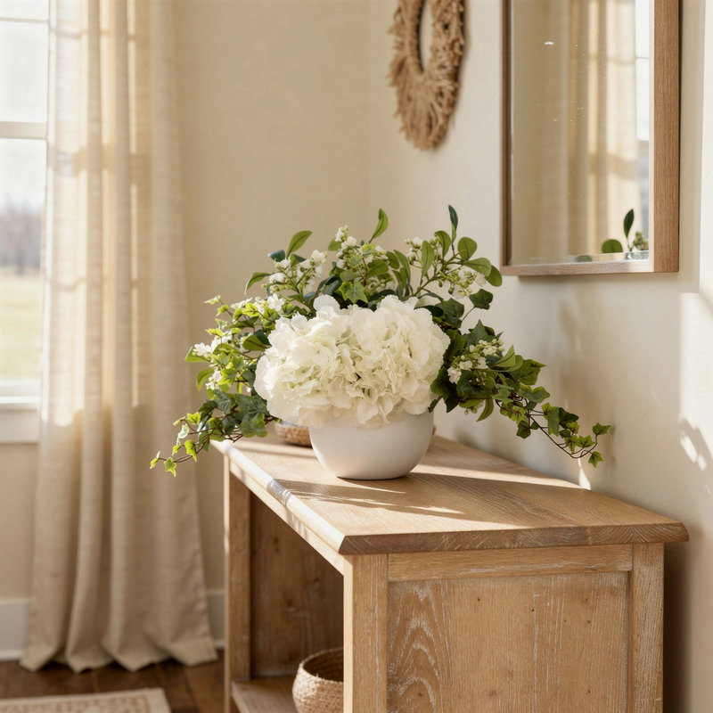 Hydrangeas and Ivy in Round Fiberstone Pot