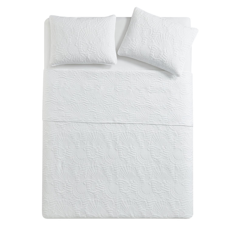 Ensemble de courtepointe 3 pièces Ocean Seasell, Courtepointe grand + 2 couvre-oreillers standard, Blanc