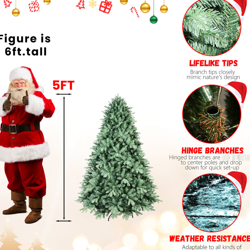 Arbre de Noël à teinte bleue de 5 pi avec 1194 pointes Pe +, branches articulées pour un assemblage facile, support en métal stable, structure idéale pour les fêtes 59,44 po, installation rapide