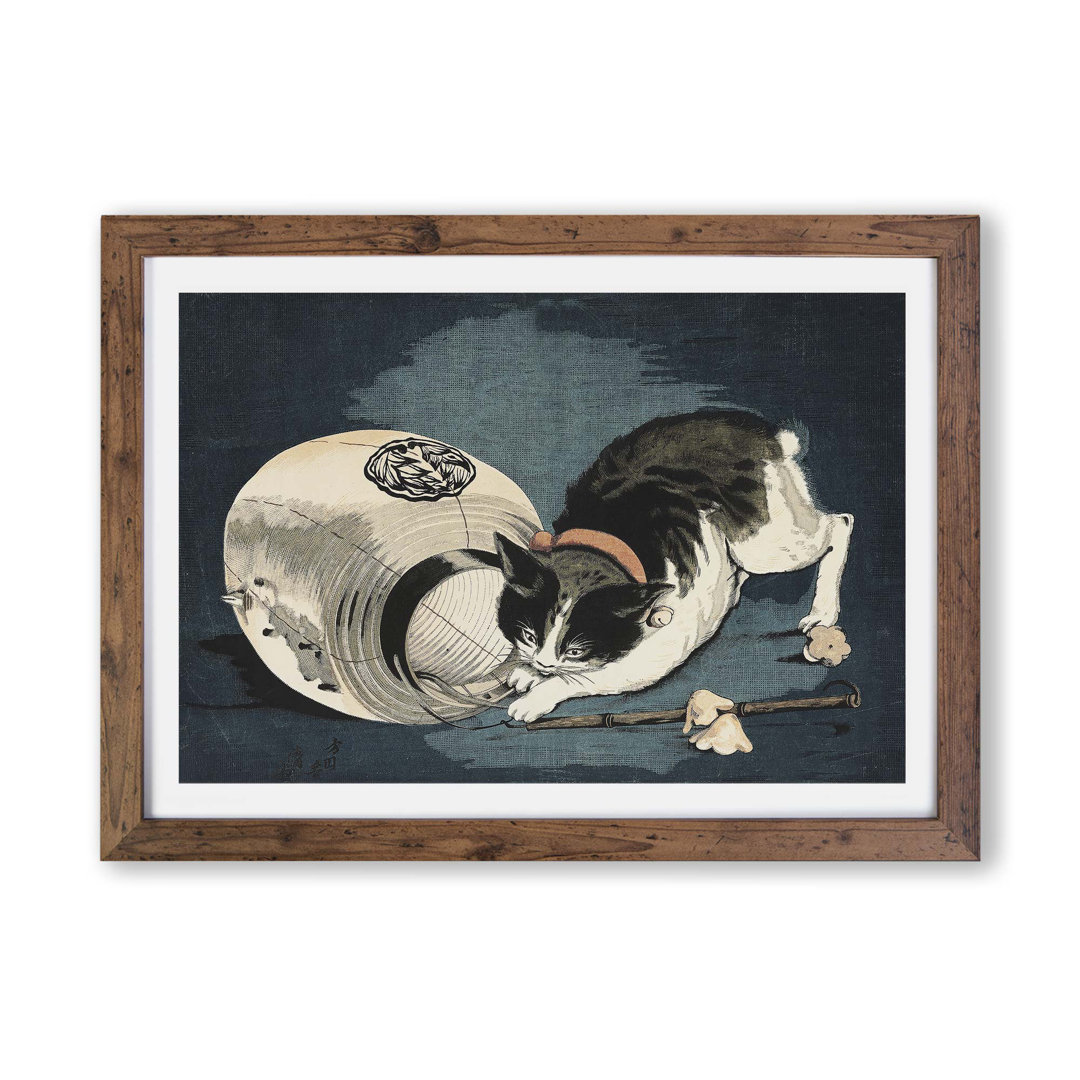 Cat with Paper Lantern by Kobayashi Kiyochika - Framed Print