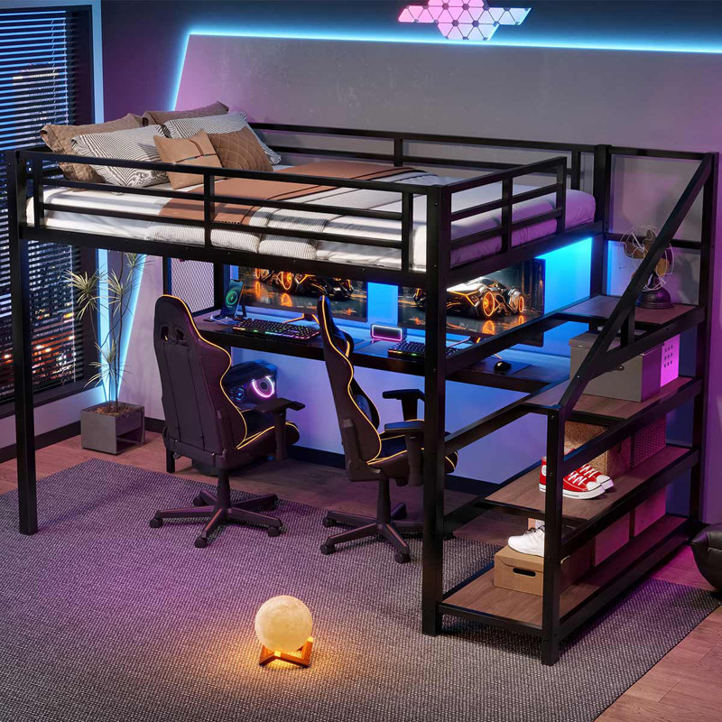 Lit mezzanine en métal avec lumières DEL et ports USB Lit avec filets en fer multifonctionnels et bureau, Lit double