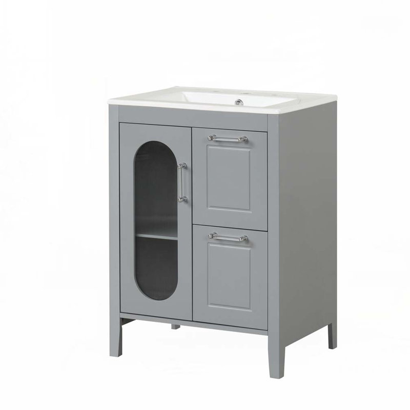 Meuble-lavabo avec lavabo en céramique, deux tiroirs et porte, Gris