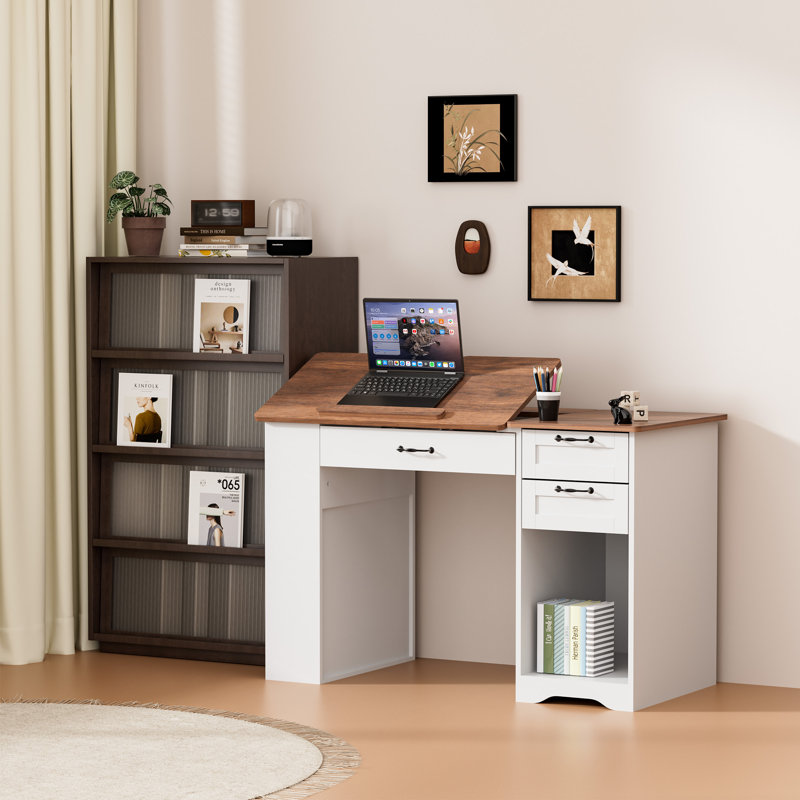 Brown Drafting Table with Tiltable Drawing Board and Storage Drawers, Adjustable Art Desk for Painting, Sketching, and Home Office Use