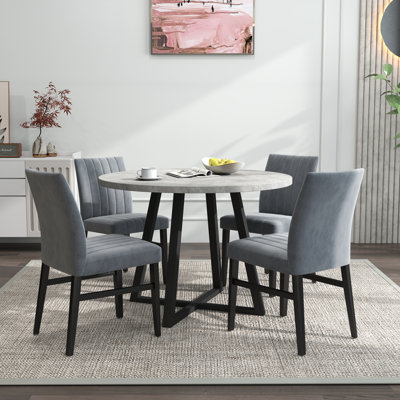 Roundhill Furniture Edo 5-Piece Dining Set, Round Trestle Table And 4 Upholstered Chairs, Gray