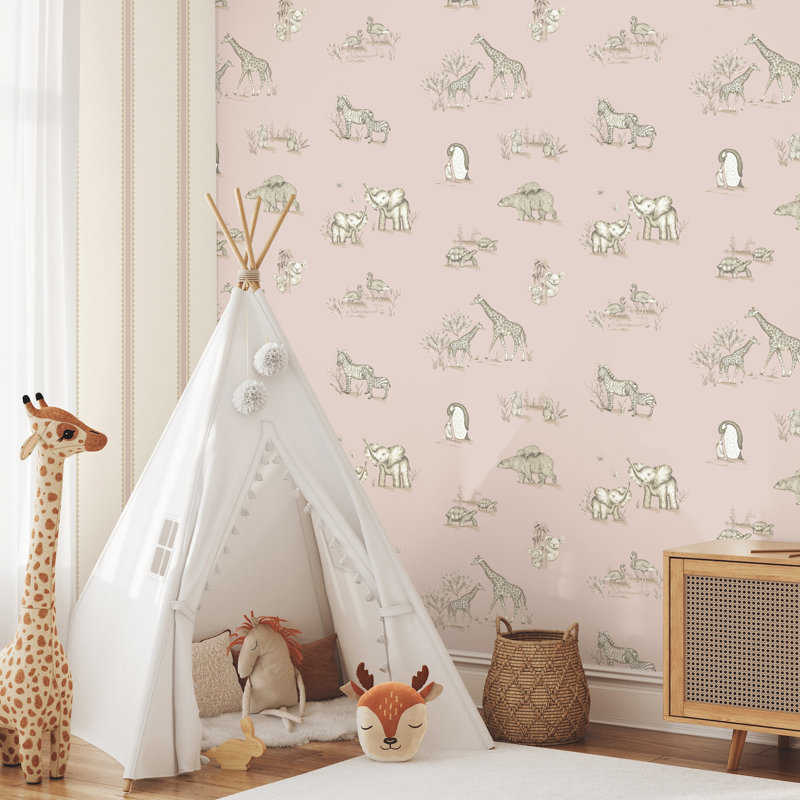 Papier peint safari avec bébés roses, Rose
