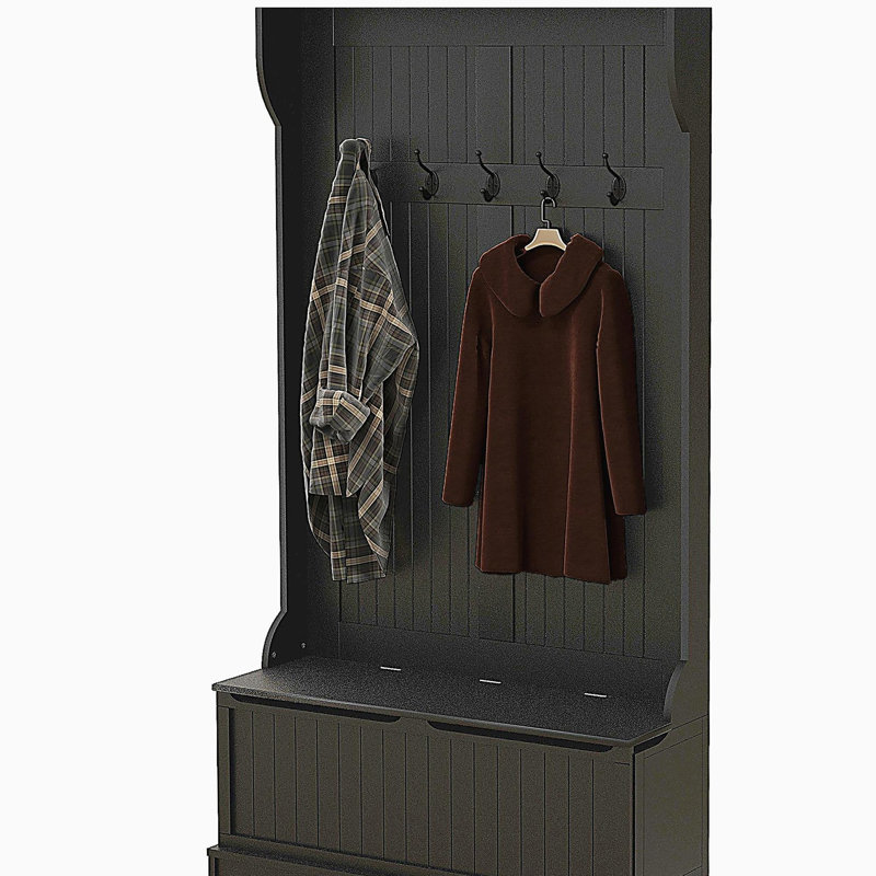 Arbre d'entrée 3-en-1 avec banc de rangement, portemanteau avec quatre crochets et rangement pour chaussures, Noir